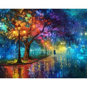 5DDIYART Evening Walk on Rainy Day Street Paint by Numbers for Adults Beginner, Paint by Number Kits on Canvas, Easy Acrylic Oil Painting Home Wall Decor 16x20inch