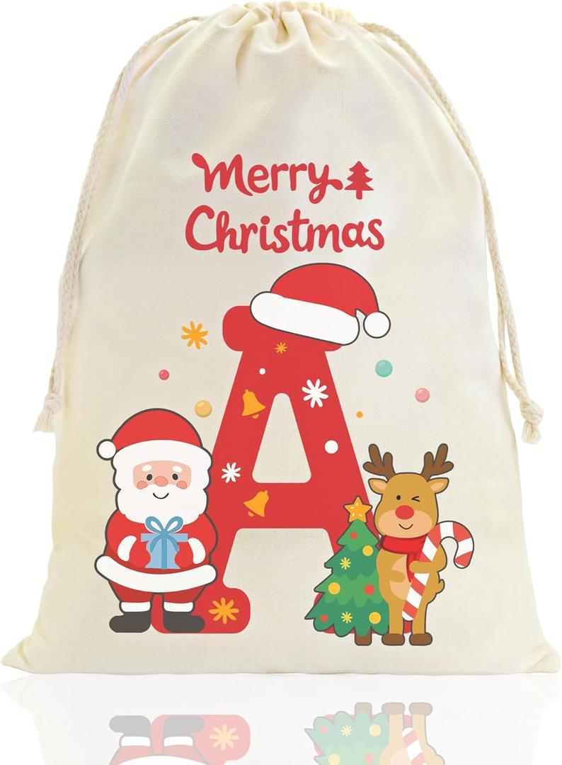 Fohufo Reusable Christmas Gift Bag, 15.7 x 19.6 Inch Initial Santa Sack Drawstring Christmas Bags, Personalized Gift Bags for Xmas Presents Party Supplies, Xmas Decorations Gifts Bag, Medium A