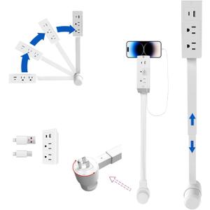 Electrical Outlet Extender with USB-A, USB-C and 2 AC, Power Socket Expander for Hard to Reach Places, Adjustable17-27 Extender, Rotates 180°, UseBehind Nightstands, Couches, Desks (B01)