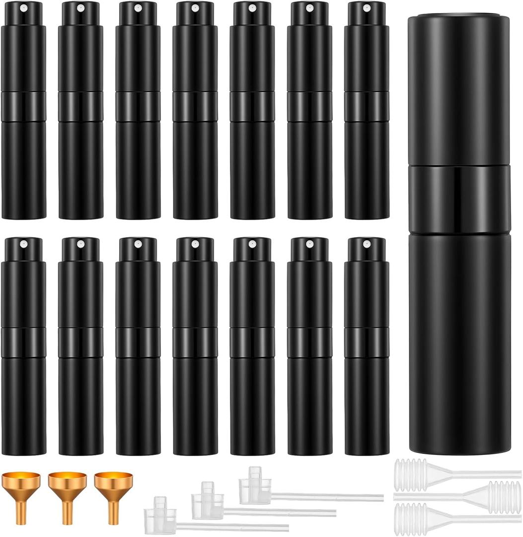 15 Pack 8ML Travel Perfume Atomizer Refillable Bottles, Black Leak-Proof Cologne Sprayer with Funnels & Tools, Portable Perfume Dispenser for Women & Men