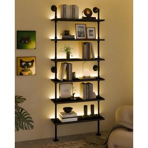 6-Tier LED Ladder Shelf, Wall Mounted Pipe Bookshelf, Black 36 Inch | Solid pine 6-tier wall mounted pipe bookshelf with warm LED lights, 40 lb shelves, for books, plants and decor