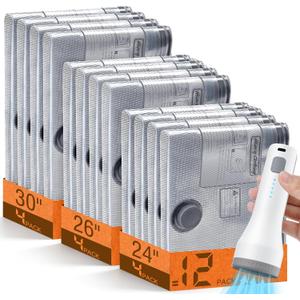 12 Pack Vacuum Storage Bags for Travel with Rechargeable Cordless Pump, Space Saver Bags for Clothes, Compression Packing Bags for Luggage and Suitcase, 12 Combo Size