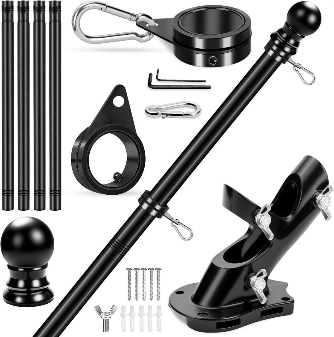 REERON House Flag Pole, 5 FT Metal Spinning Flag Poles Kit, 1" Tangle Free Stainless Steel Flagpole with 360 Flag Rings & 2-Position Holder Bracket for Outside House Porch Wall Mount for 3x5 Flag