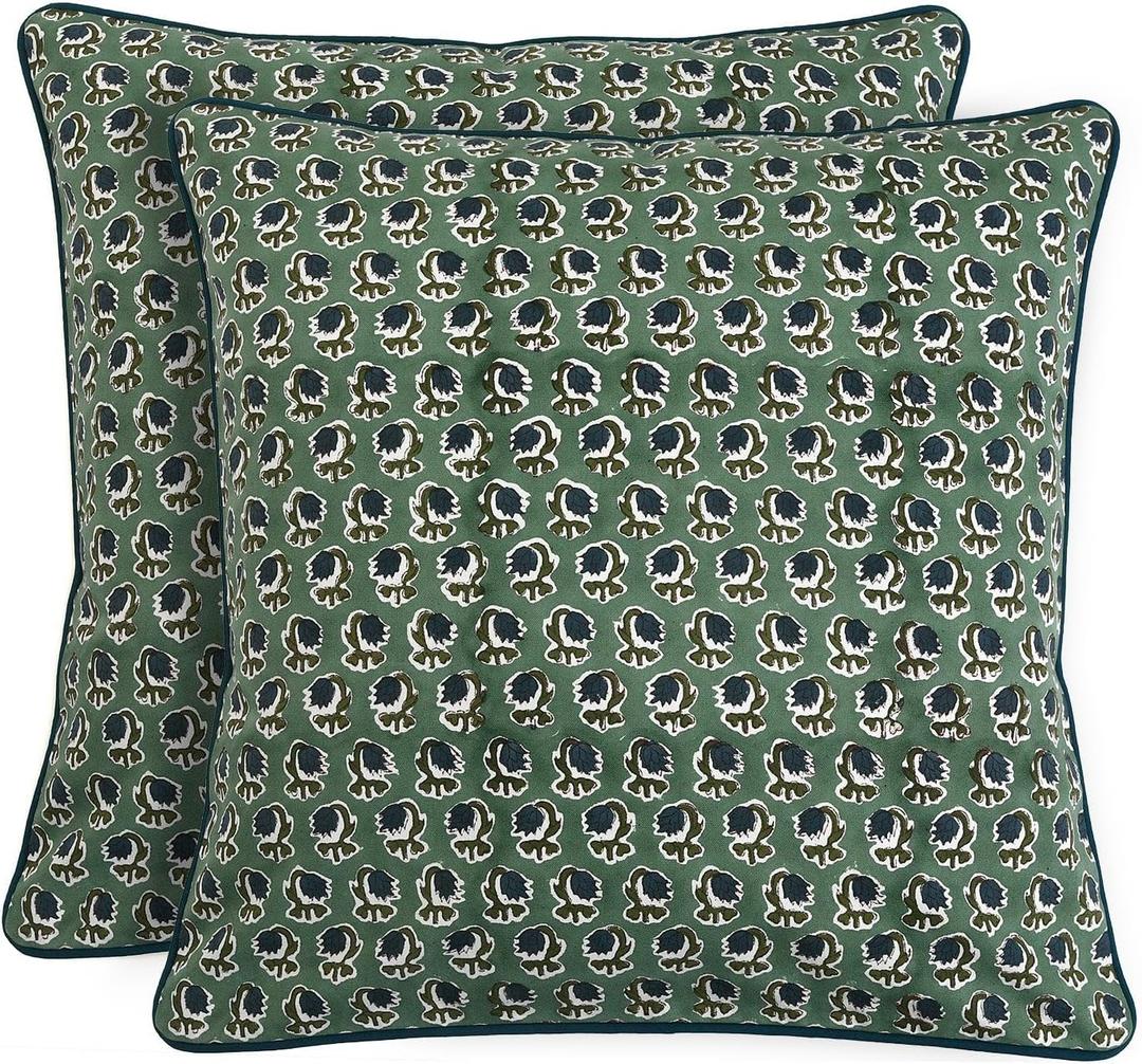 Ridhi Basil Green Block Print Cotton Canvas Throw Pillow Covers for Decorative Couch Pillows for Living Room, Chic Boho Cute Outdoor Valentine Pillows Covers Gifts 20x20 Inches
