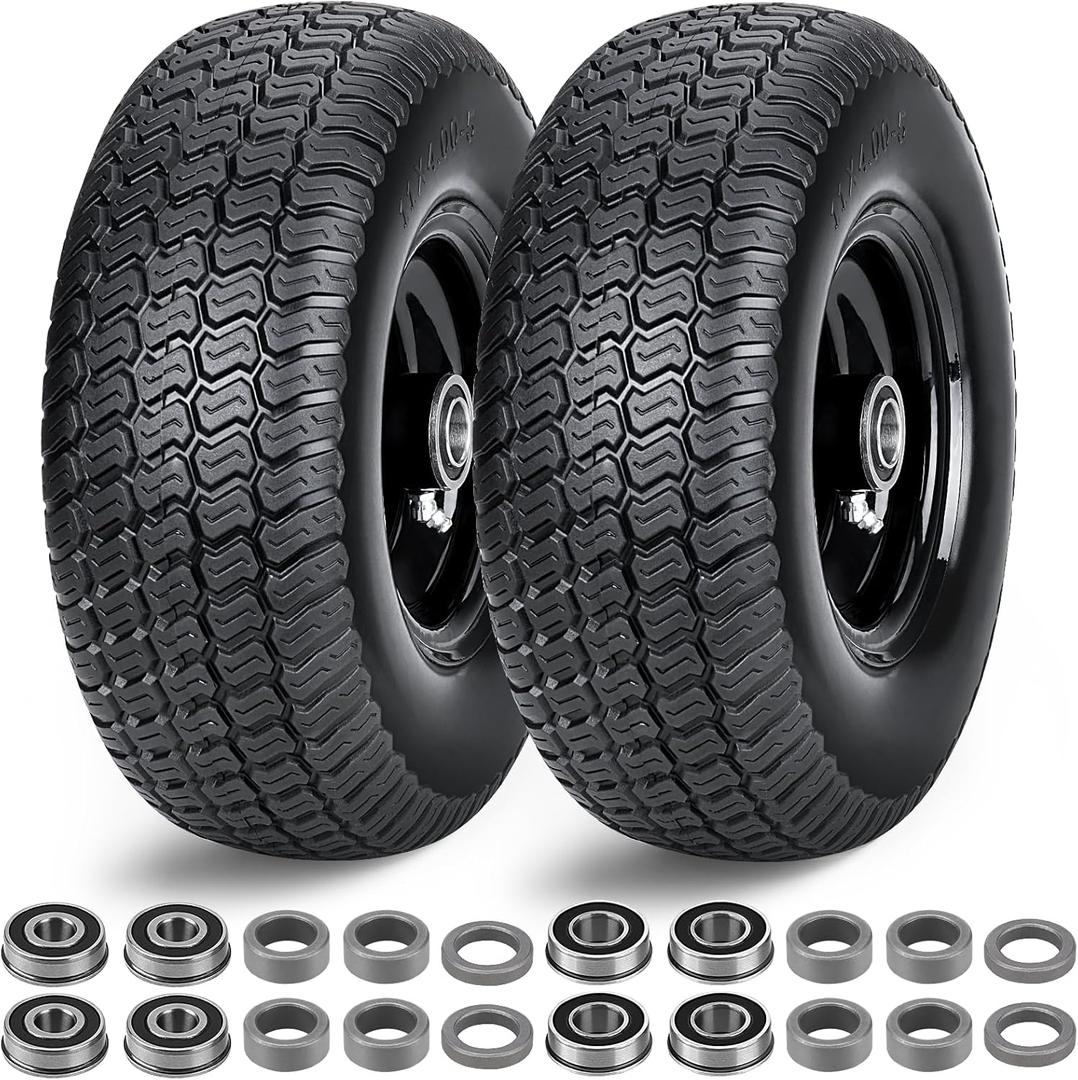 11x4.00-5 Flat Free Lawn Mower Tires and Wheel,2 Pack Zero Turn Lawn Mower Replacement Tires,11x4-5 Solid Tractor Turf Tire with Rim,3.4" Centered Hub and 3/4" & 5/8" & 1/2" bearings with Adapter Kit (Black)
