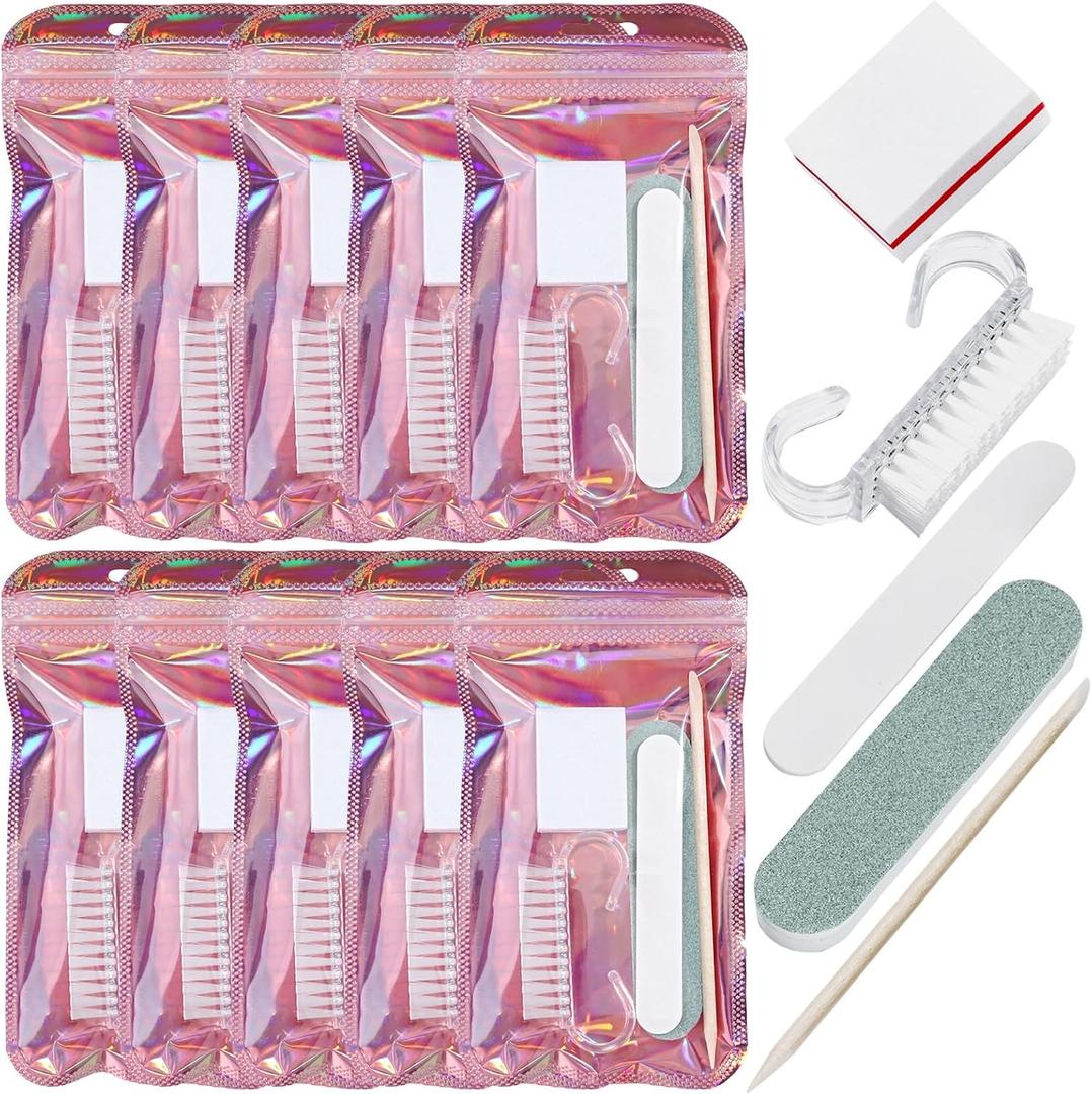 SUTOKAKA 10 Sets Disposable Manicure Prep Kit for Travel Home, Portable Basics 5 in 1 Nail Salon Pedicure Kit, Professional Nail Tools Supplies, Nail File, Mini Buffer, Wood Stick & Handle Grip Brush