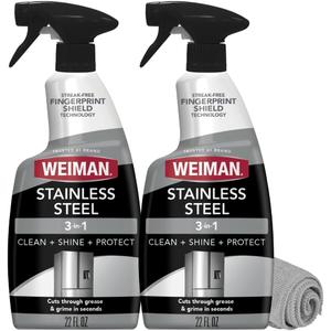 Weiman Stainless Steel Cleaner & Polish, 2 Pack, Anti Fingerprint Spray Stainless Steel Cloth, Water Spots & Grease, No Streaks or Residue, Safe for Metal Polish, Chrome, Appliances, Sinks & Grills