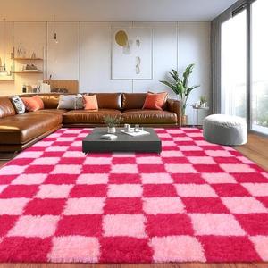Area Rugs for Living Room, Soft Shaggy Carpets for Living Room, Fuzzy Rugs for Kids' Room, Perfect Decor for Modern Home Hot Pink Grid 8x10 Feet