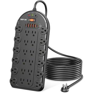 Power Strip, 24 AC Outlets (1875W/15A) with 6 USBs (2 USB-C Ports), ETL Listed, Surge Protector (3,400 Joules), 8 Ft Heavy Duty Flat Plug Extension Cord, Wall Mountable for Home, Office, Black