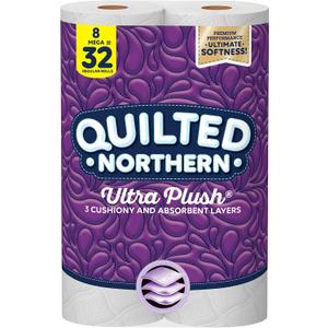 Quilted Northern Ultra Plush Toilet Paper, 8 Super Mega Rolls = 32 Regular Rolls, 3X Thicker*, 3 Ply Soft Toilet Tissue (4 Packs)