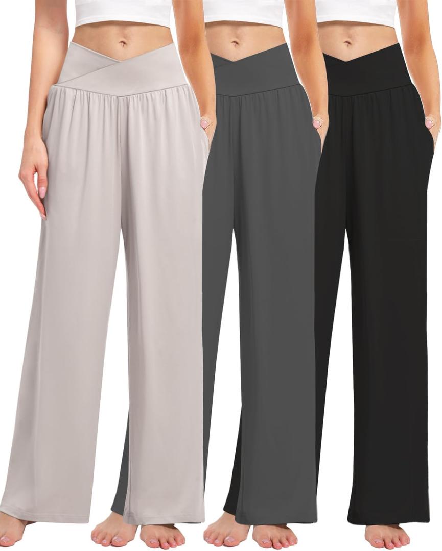 3 Pack Women's Wide Leg Pants Crossover with Pockets High Waist Loose Sweatpants Casual Lounge Yoga Workout Palazzo (X-Large, Black/Grey/Light Gray)