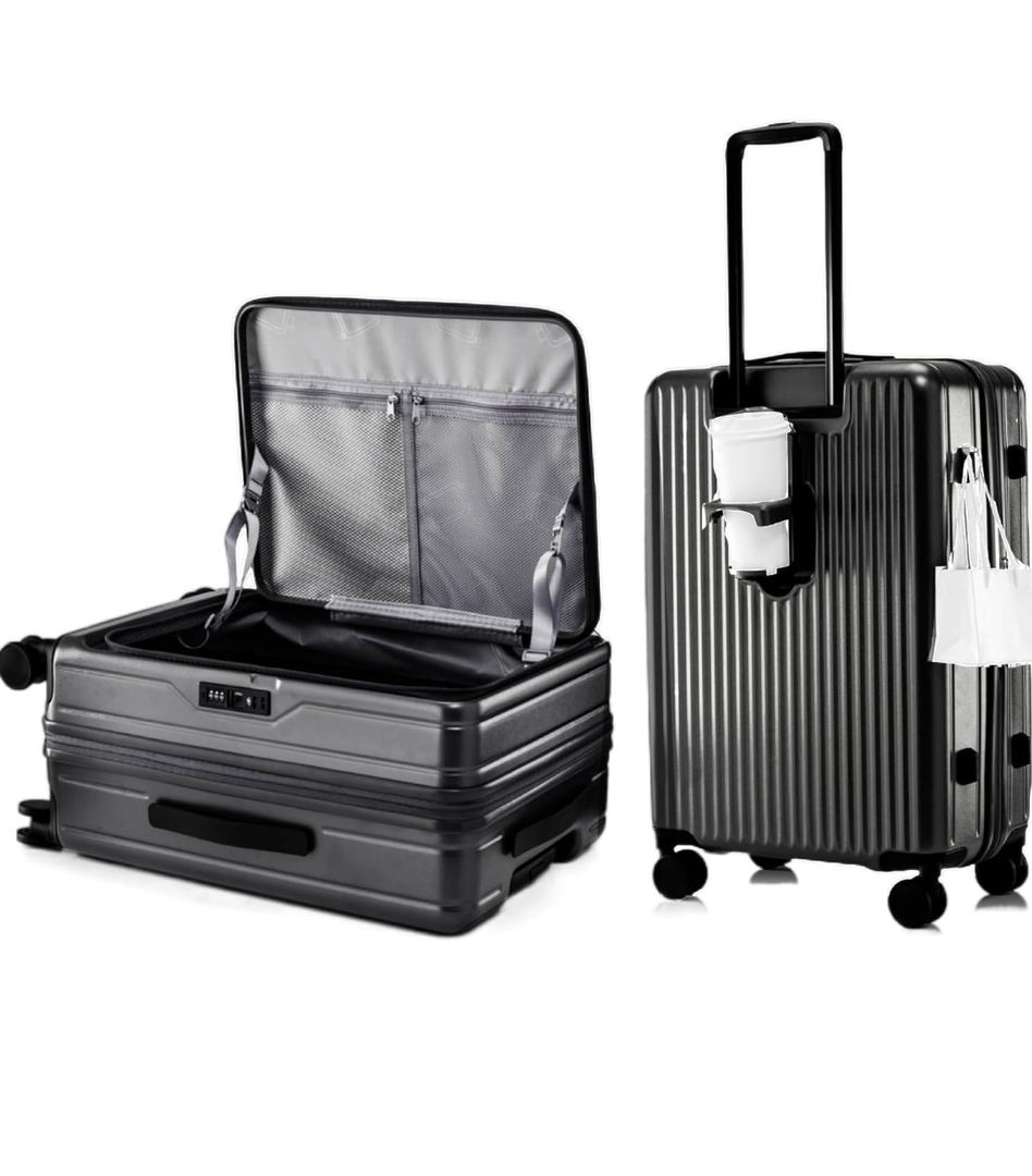 HotWay 20 Inch Expandable Carry On Luggage with Cup Holder, Hardside TSA Approved Luggage with Spinner Wheels, Top Opening Suitcase For Travel, Black