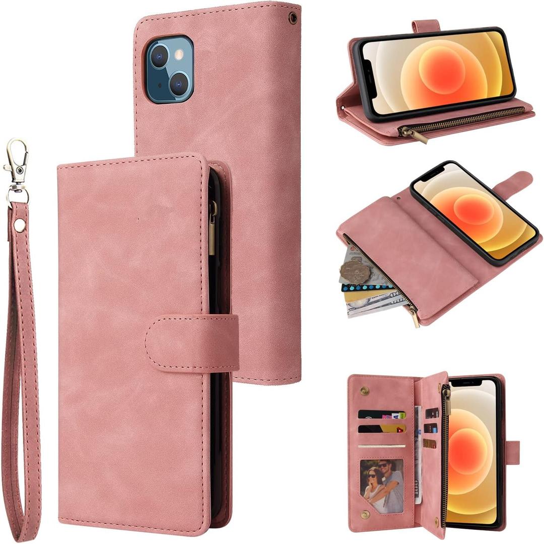 RANYOK Wallet Case for iPhone 14 (6.1 inch) with RFID Blocking Credit Card Holder, Premium PU Leather Zipper Pocket Flip Folio Case Wallet with Wrist Strap Kickstand Protective Case (Pink)