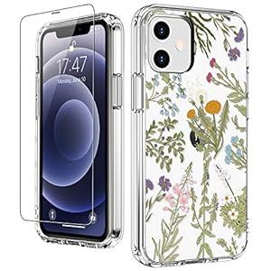 LUHOURI for iPhone 12 Case, iPhone 12 Pro Case with Screen Protector, Cute Floral Flower Leaves Designs on Crystal Clear Cover for Women Girls, Protective Phone Case for iPhone 12/ 12 Pro 6.1"