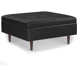 SIMPLIHOME Shay 38 inch Wide Mid Century Modern Large Square Coffee Table Storage Ottoman in Distressed Black Vegan Faux Leather, Assembled, for the Living Room and Entryway