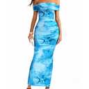 BTFBM Cocktail Dresses for Women 2026 Elegant Classy Off Shoulder Bodycon Mesh Slit Floral Maxi Spring Summer Dress(Floral Light Blue, Large) (Blue, L)