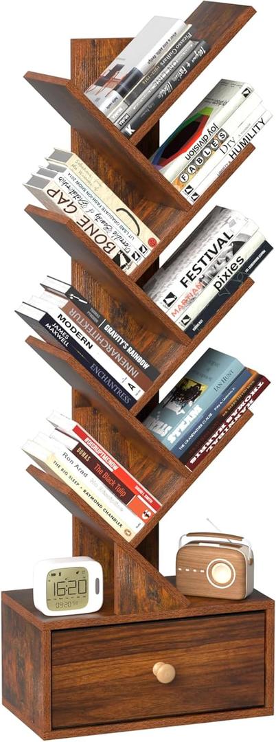8 Tier Tree Bookshelf with Drawer, Free Standing Wood Bookcase for Narrow Space, Storage Organizer Bookshelves for Books, Book Case for Home Office, Living Room, Bedroom, Rustic Brown