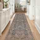 Kuden 2'6"x12 Runner Rug, Machine Washable Area Rug with Non-Slip Backing, Vintage Style, Soft, Easy Clean, Low Pile Rug for Hallway, Entryway, Kitchen, Bedroom (Blue / Brown)