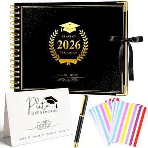 2026 Graduation Guest Book Signature, Black Photo Guest Book Sign Memory Sign in Book with Pen Scrapbook Photo Album with DIY for Grad Party College Gifts, 160 Pages