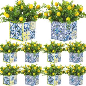 Giegxin Blue Tiles Lemon Table Centerpiece Decor Amalfi Coast Box Decorations with Artificial Lemon Branches for Capri Mediterranean Positano Wedding Birthday Party Decor(8 Sets)