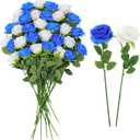 32 Pcs Blue, White Artificial Flowers Roses Fake, Silk Flowers with Stems for DIY Wedding Gothic Bridal Shower Centerpieces Arrangements Tables Decorations