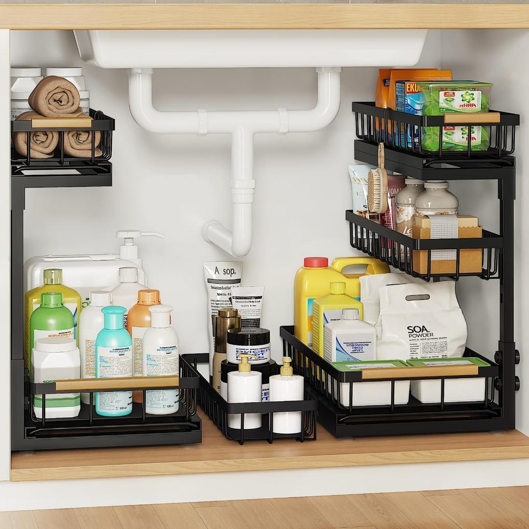 Under Sink Organizer and Storage for Bathroom and Kitchen - 2 Pack 3 Tier Under Cabinet Pull Out Shelf Organizers - Slide Out Drawer Organization for Home Cabinets Shelves and Drawers (Black)