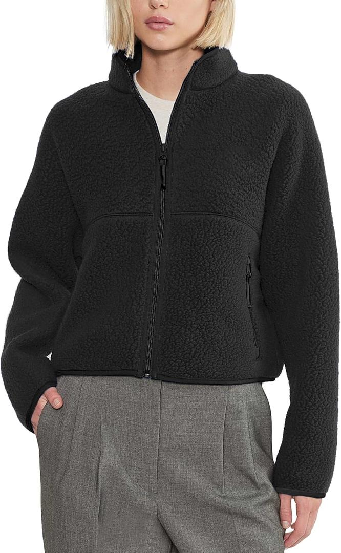 Fleece Jackets Women Causal Long Sleeve Sherpa Jacket Warm Ziper Fuzzy Coat Sweatshirts Trendy with Pockets (Large, Black)