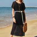 VOTEPRETTY Womens Two Piece Cover Ups Sets Crochet Beach Vacation Summer Swimwear Short Sleeve Outfits Split Knit Long Dress (Black)