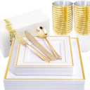 I00000 175PCS Gold Plastic Dinnerware Set, Includes 25 Dinner & Salad Plates, 25 Gold Silverware Sets, 25 Tumblers, 25 Guest Towels for Wedding