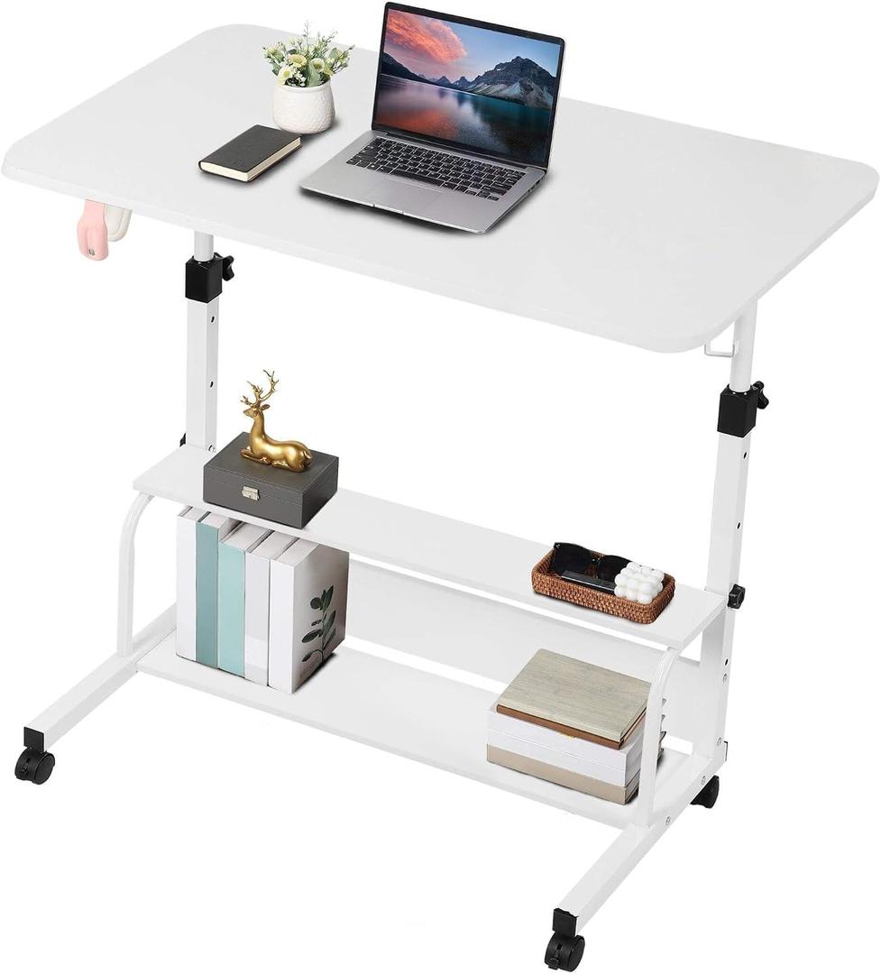 Adjustable Height Mobile Computer Desk,White Table for Home Office Bedroom, 31.5 inches x 15.7 inches x 35.4 inches