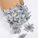 24Pcs Silver Glitter Poinsettia Christmas Tree Ornaments and Glitter Berries Stems, 16Pcs Christmas Artificial Flowers and 8 Pack Christmas Tree Picks for Wedding Holiday Decorations