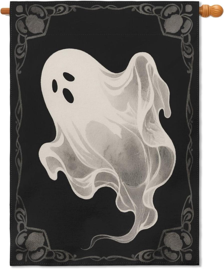 Halloween House Flag 28x40 Inch Spooky Ghost Black Garden Flags for Outside Scary Halloween Holiday Theme Decor Seasonal Outdoor Farmhouse Porch Yard Decoration