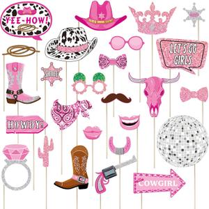 Blulu 26 Pieces Western Cowboy Photo Booth Props Kit, Cowgirl Party Decorations Selfie Props for Western Theme Party Favors Supplies(Cowgirl)