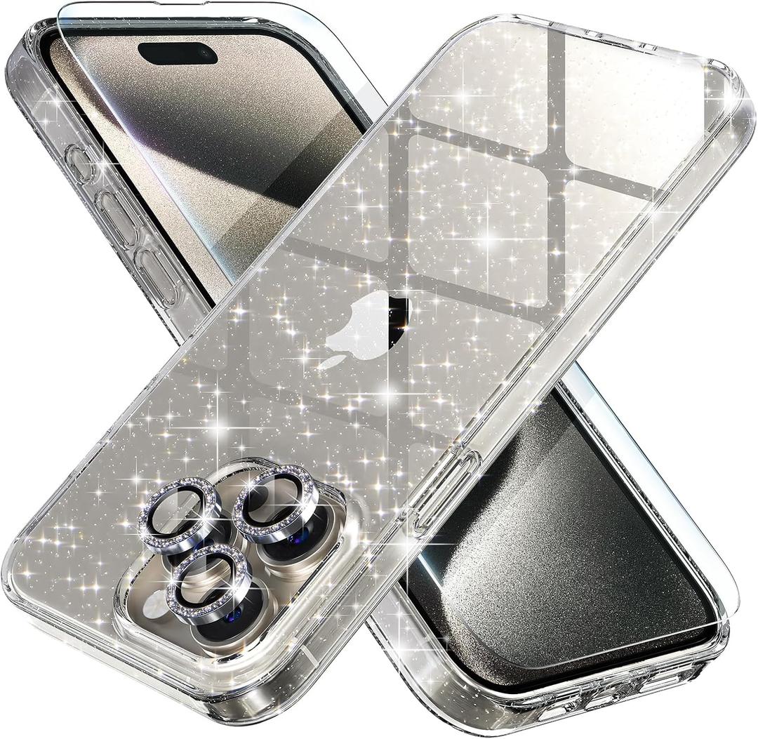 Choiche Compatible for iPhone 15 Pro Max Case Women Phone Case, Cute Bling Sparkly, Military Grade Protection, 3 Diamond Camera Lens Covers, 2 Tempered Glass Protectors, 6.7 inch (Glitter Clear)