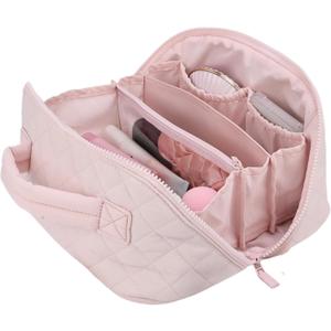 Travel Makeup Bag for Women, 2Pcs Large Capacity 180 Lay-Flat Toiletry Organizer with Brush Compartment, Waterproof Quilted Cosmetic Bag with Multiple Pockets for Travel, Vacation, Business Trip