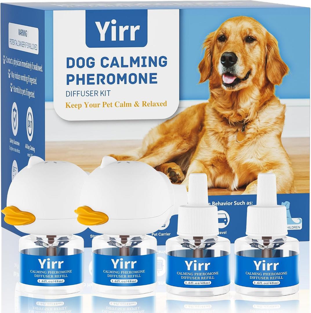 Dog Calming Pheromone Diffuser Kit, 120 Days Long Lasting Calming Diffuser for Dogs, Relieves Anxiety, Barking, Fighting, Destructive Behavior & Accidental Peeing, 2 Diffusers 4 Refills, Odorless