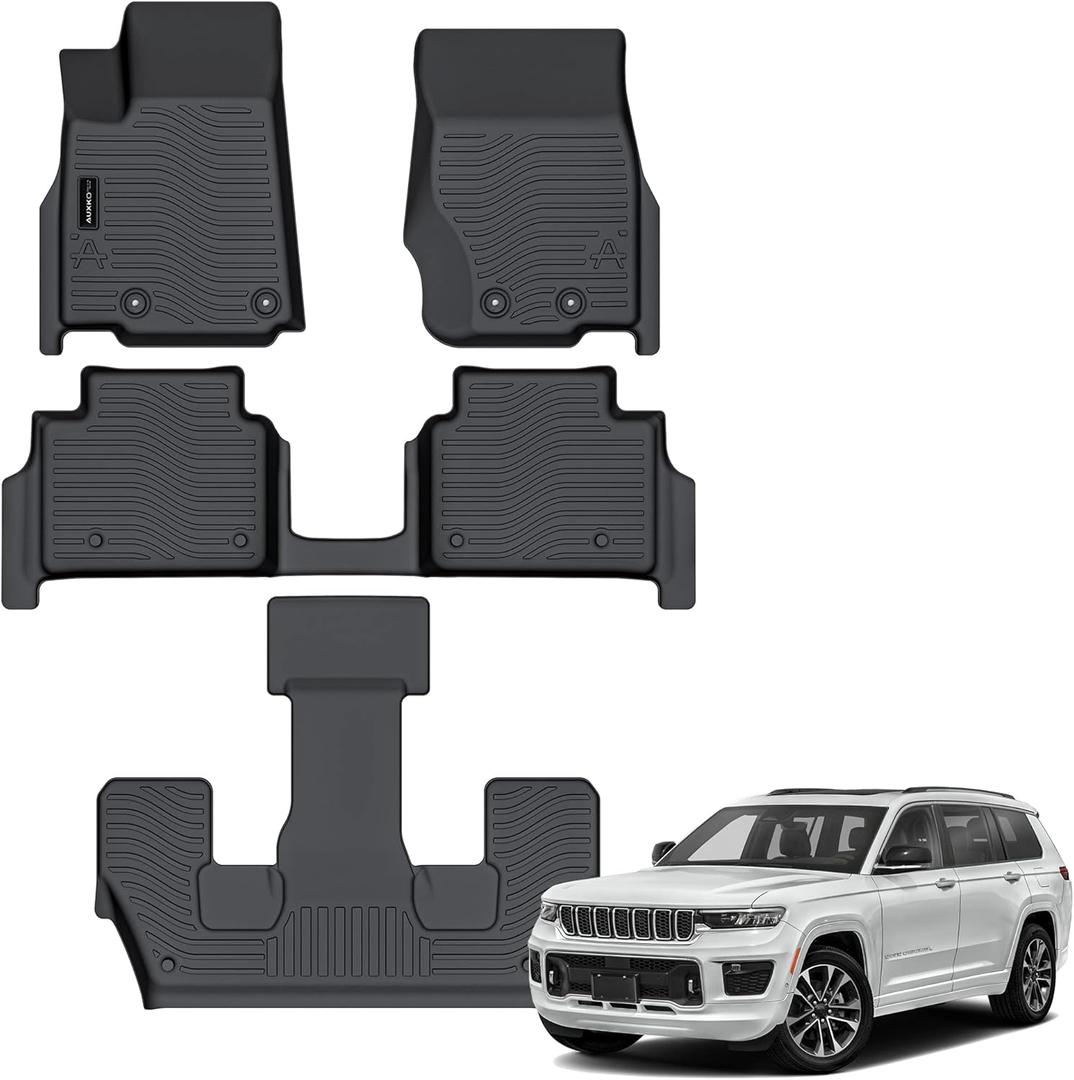Auxko All Weather 3 Row Floor Mats for Jeep Grand Cherokee L 2021-2024 2025 6 Seat(2nd Row Bucket Seat Without Center Console) TPE Floor MatS Liners Black