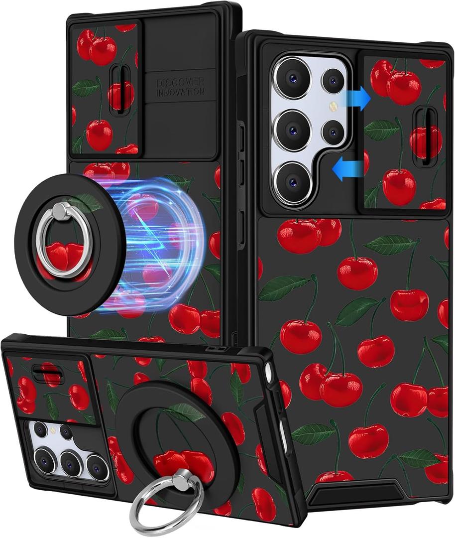 Buleens for Samsung Galaxy S25 Ultra Case - with Ring Stand & Camera Cover Aesthetic Cute Designed for Women Girls Girly Pretty Kawaii Cherry for Samsung S25 Ultra Phone Case Compatible with Magsafe