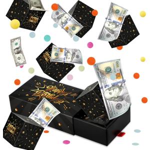Happy Birthday Surprise Gift Box Explosion for Money - DIY Pop Out Folding Bounce Explosion Gift Box with Confetti - Birthday Money Bank - Cash Gift Idea for Women Men Kids (Black Gold)