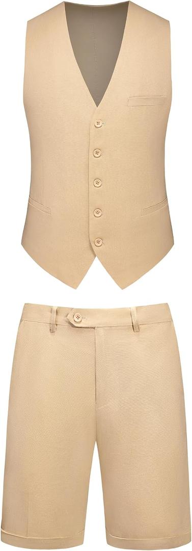 Mens 2-Piece Linen Summer Suit - Beach Wedding Guest Outfit with Vest and Shorts Set (XXL)