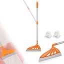 Magic Broom, Household Silicone Broom, Multifunction Squeegee with 2 Heads - Brush and Scrape, Floor Squeegee with Extra-Long Adjustable Aluminum Handle for Floor, Glass, Tile (Sun Orange)