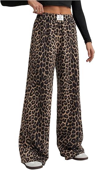 RoseSeek Women's Leopard Print Wide Leg Pants Patched Elastic Waist Casual Loose Trousers, Medium