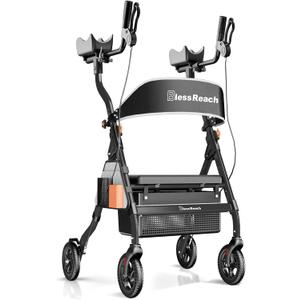 BlessReach Heavy Duty Upright Rollator Walker for Seniors with Seat, 450lb Capacity, 8" All-Terrain Wheels, 6 Height Adjustments, Padded Seat & Backrest, Easy Assembly, Foldable Design, Black