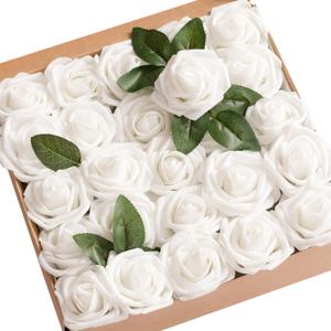Ling's moment Artificial Flowers 50Pcs White Roses Decor w/Stems,3" DIY Foam Floral for Wedding Bouquet/Centerpieces, Outdoors Party Backdrop, Room/Table, and Garden/Pot Decorations