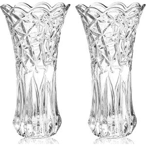 Dicunoy Set of 2 Glass Flower Vase, 9.5" Large Clear Flower Vases for Centerpieces, Modern Crystal Rose Vase, Heavy Duty Tall Cylinder Flared Vase with Heavy Base for Home, Living Room, Office