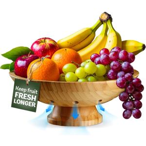 Fruit Basket for Kitchen Counter - Fruit Bowl for Kitchen Counter, Bamboo Pedestal Fruit Basket with Ventilation Holes, Wooden Fruit Bowl for Fruit and Vegetable Storage, Decorative Frutero for Cocina