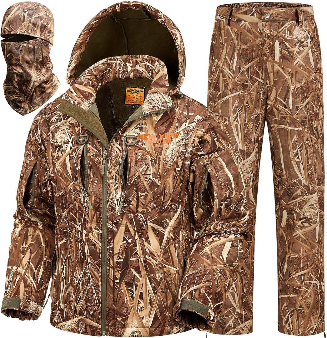 NEW VIEW Camo Hunting Clothes for Men, Quiet Warm Fleece Lining, Cold Weather Deer Hunting Jacket and Pants with Face Mask (Medium)