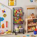 Sonyabecca Outdoor Toy Storage Basket, Play Kitchen Organizer with 5 S-Hooks,3 Tier Rolling Storage Cart Garage, Pantry Floor Snack Cart with Wheels, Toy Shelf Dog Storage Organizer Kids Bookshelf