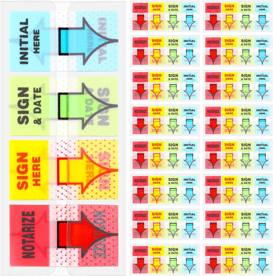1600Pcs Sign Here Stickers, 4-Color Self Adhesive Tabs with Notarize/Initial Here/Sign and Date, Page Markers for Office School Document Filing, Index Labels for Books