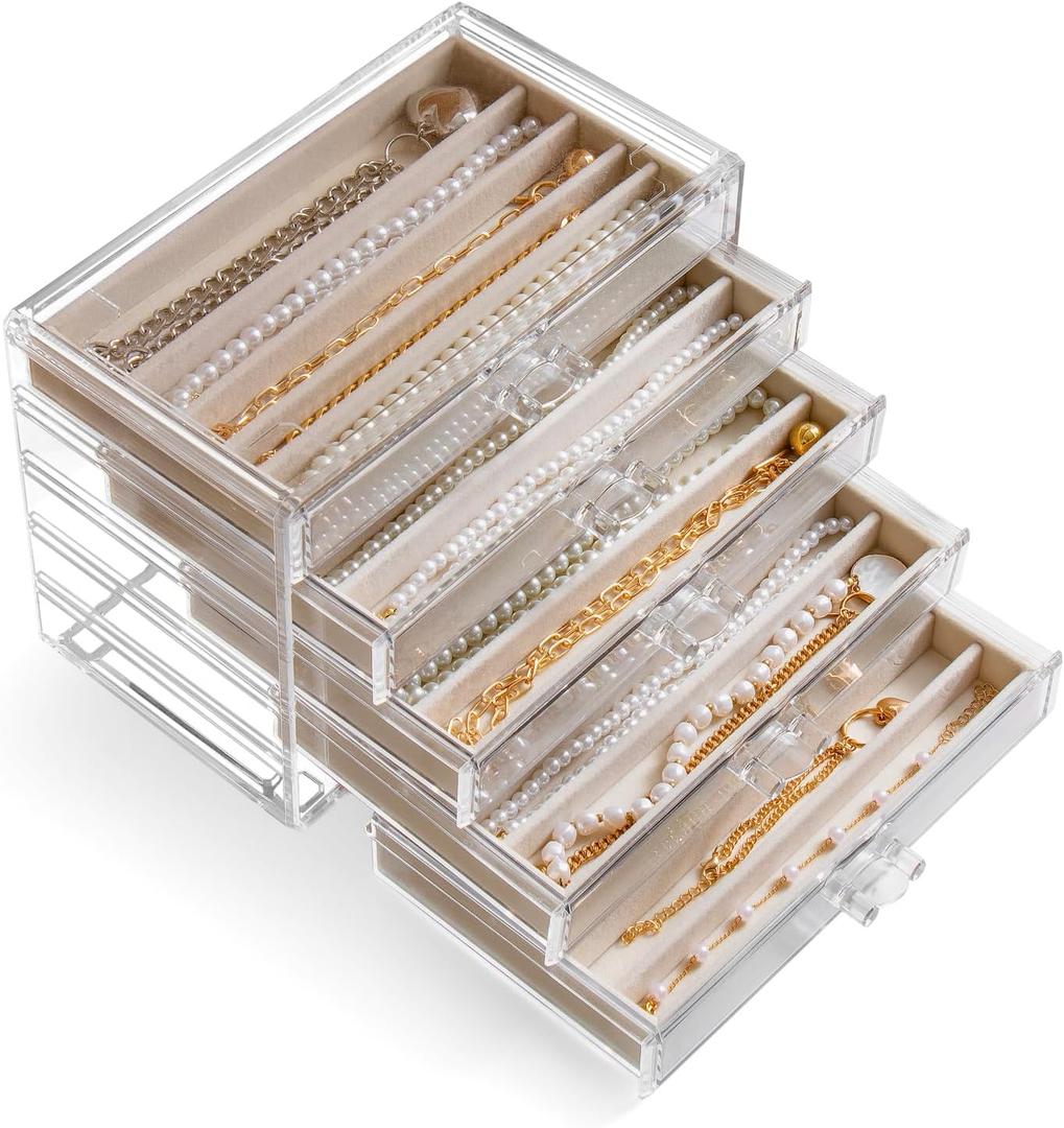 Necklace Holder Organizer, Dustproof Necklace Box Velvet Necklace Organizer Box with Lid Clear Acrylic Dustproof Stackable Jewelry Displays for Necklaces Chain Display (Beige, 5 Drawer)